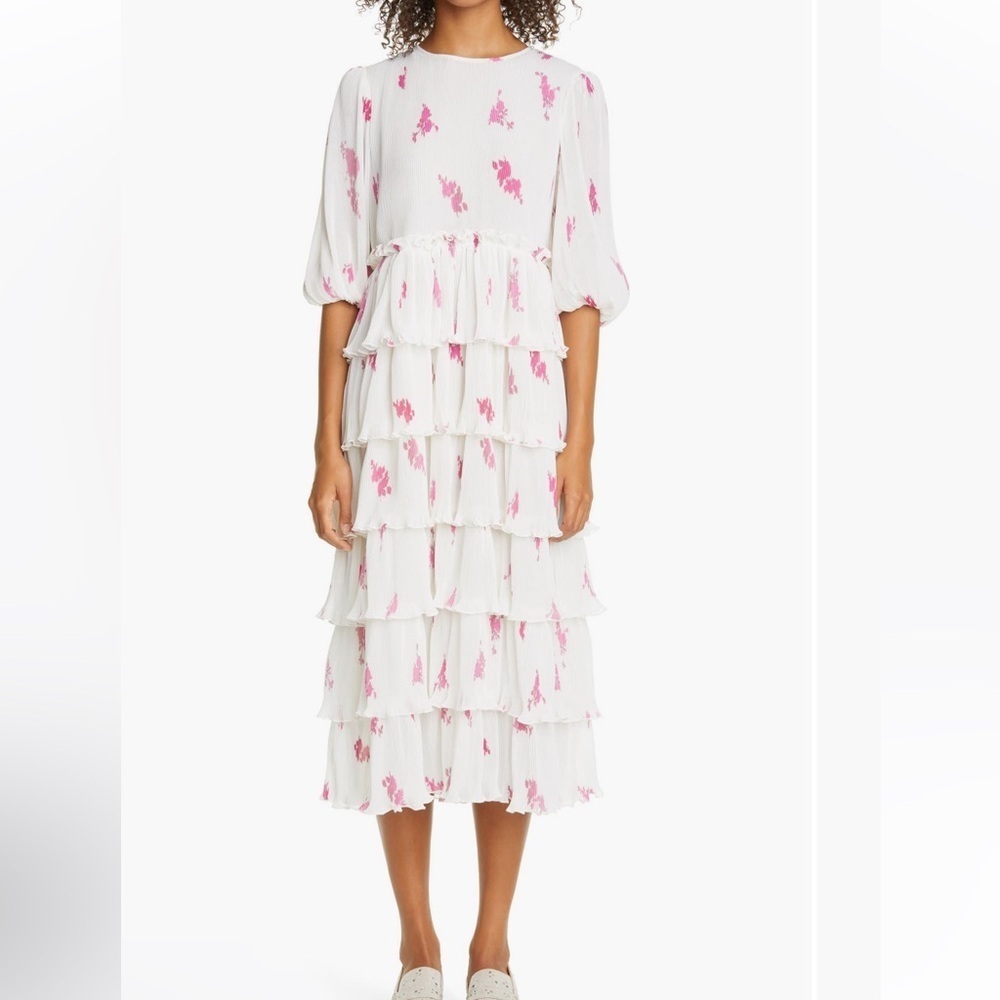 Ganni Rose Print Pleated Georgette Midi Dress